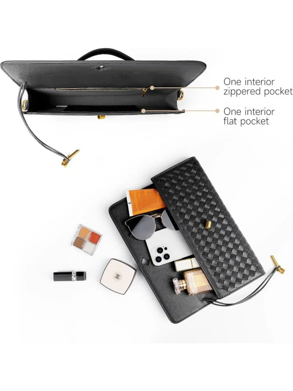 Women's Black Leather Suede Woven Clutch Purse For Evening Crossbody Bag